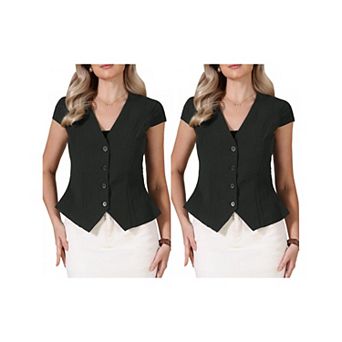 2 Packs Vest for Women Summer Tops Button Down Cap Sleeve Business Casual Dressy Clothes