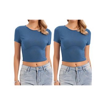 2 Packs Crop Tops for Women's Short Sleeve Slim Fit Tees Casual Summer Basic T-Shirts