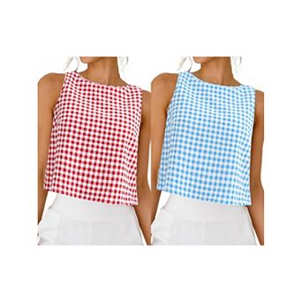 2 Packs Womens Gingham Top Summer Cropped Tank Tops Button Back Casual Sleeveless Shirts Blouses