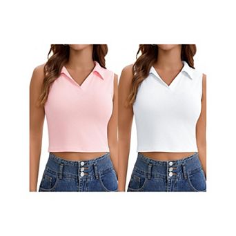 2 Packs Women's Cropped Tank Tops Sleeveless Shirts Collared V Neck Slim Fit Athletic Workout Tops