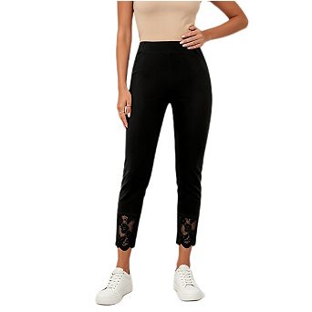 Womens Lace Cropped Leggings Elastic Waist Stretchy Comfy Dressy Casual Pull On Cropped Pants