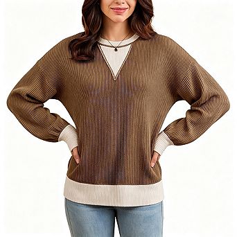 Women Colorblock Mock Two Piece Pullover Relaxed Fit Casual Top For Everyday Fall Outfit