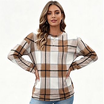 Women Crew Neck Sweatshirts Long Sleeve Loose Pullovers Plaid Striped Print Tops For Casual Daily