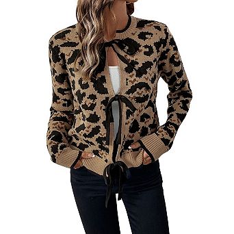Women Crew Neck Leopard Print Cardigan Long Sleeve Bow Tie Front Knit Top