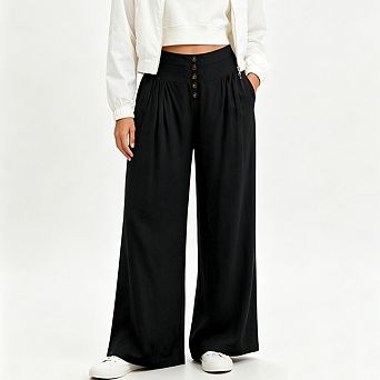Women's High Waist Button Palazzo Wide Leg Pants With Pockets Casual Trousers For Travel Vacation