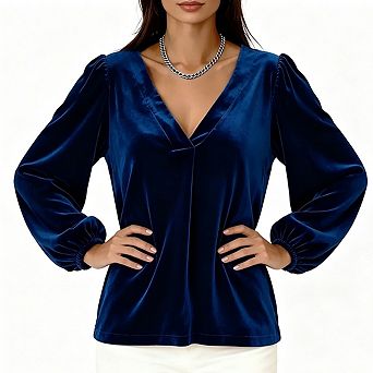 Women Dressy Blouse V Neck Long Puff Sleeve Loose Fit Top For Holiday Party Office Occasions