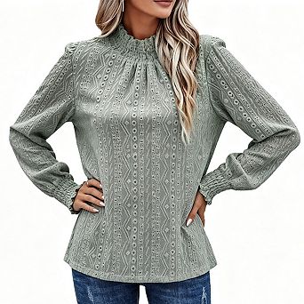Women Casual Blouse Mock Neck Long Puff Sleeve Loose Fit Top For Office Daily Weekend Wear