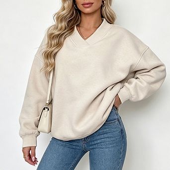 Women's Oversized V Neck Fleece Sweatshirt Long Sleeve Basic Pullover Top For Travel Wear