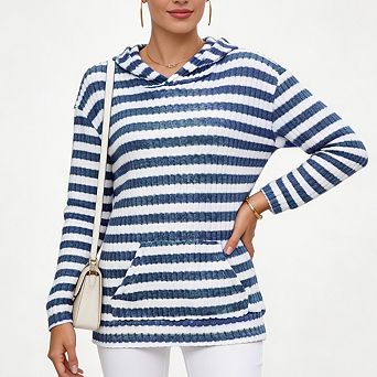 Women's Striped Hoodie Long Sleeve Loose Fit Tunic Pullover Sweatshirt For Travel Outfits