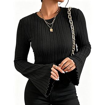 Women's Crew Neck Ruffled Bell Cuffs Knit Top Slim Flared Cuffs Ribbed Brushed Casual Elegant Top