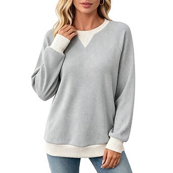 Women Loose Fit Sweatshirts Waffle Long Sleeve Shirts Tops Crew Neck Lightweight Sweatshirts
