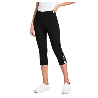 Womens Pull On Crop Pants Comfy Casual Elastic Waist Button Hem Cropped Work Pants