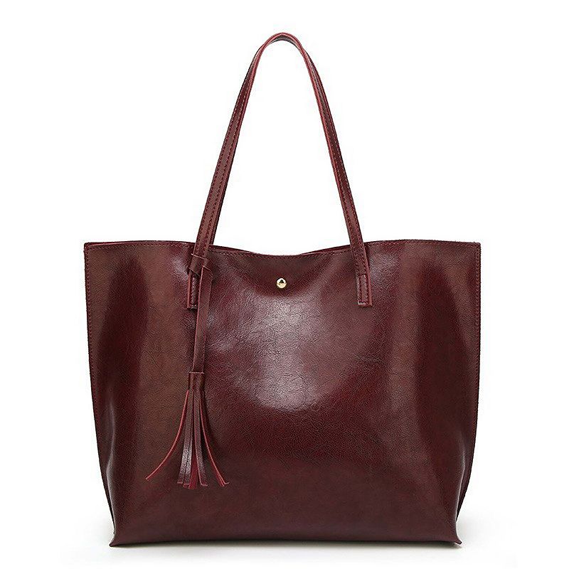 Large Faux Leather Shoulder Tote Bag with Tassel and Magnetic Snap