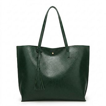 Large Faux Leather Shoulder Tote Bag with Tassel and Magnetic Snap Closure