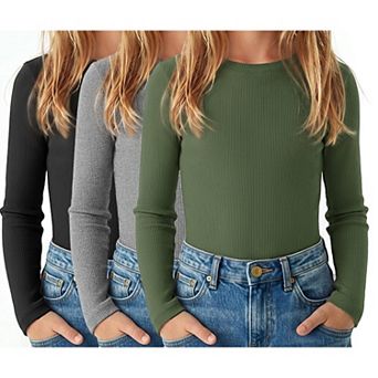 Arshiner Girls 3 Pack Ribbed Long Sleeve Tops Crew Neck Fitted Knit Layering Shirts for Kids
