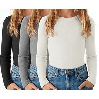 Arshiner Girls 3 Pack Ribbed Long Sleeve Tops Crew Neck Fitted Knit Layering Shirts for Kids