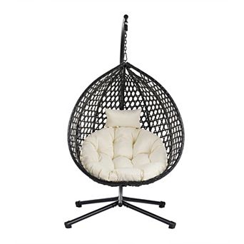 Hanging Egg Rattan Chair w/ Stand, Soft Cushion, Indoor/Outdoor for Balcony, Bedroom, Garden