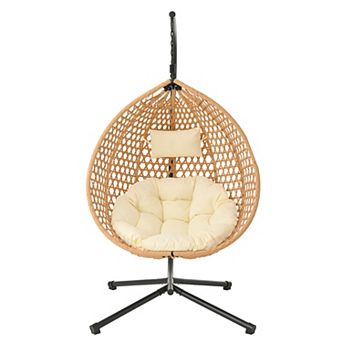 Hanging Egg Rattan Chair w/ Stand, Soft Cushion, Indoor/Outdoor for Balcony, Bedroom, Garden