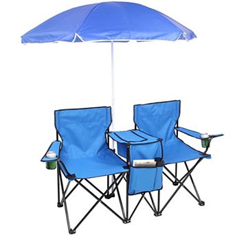 Folding Double Camping Chair with Removable Umbrella, 2-Seat, Cooler, Drink Holder, Carry Bag