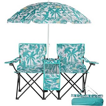 Folding Double Camping Chair with Removable Umbrella, 2-Seat, Cooler, Drink Holder, Carry Bag