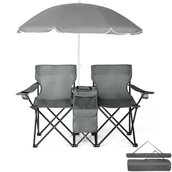 Folding Double Camping Chair with Removable Umbrella, 2-Seat, Cooler, Drink Holder, Carry Bag