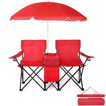 Folding Double Camping Chair with Removable Umbrella, 2-Seat, Cooler, Drink Holder, Carry Bag