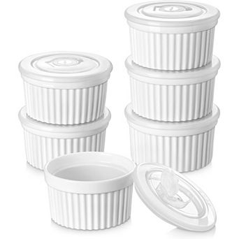10 oz Ramekins with Lid, Porcelain Creme Brulee Souffle Dishes, Dishwasher and Oven Safe, Set of 6