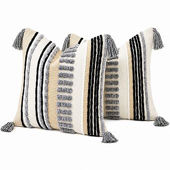 Set of 2 Boho Striped Textured Throw Pillow Covers Chenille Cotton Linen Decor