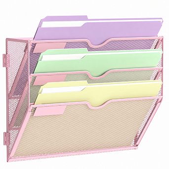 Wall Mounted File Organizer With Label Slots Metal Mesh Holder For Office Home School
