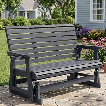 3-Person Outdoor Glider Bench Weather Resistant HIPS Patio Rocking Chair with Cup Holders
