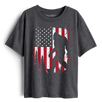 Kids Bigfoot American Flag T-Shirt, Youth Patriotic Sasquatch Tee