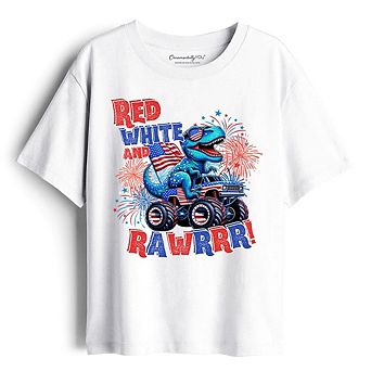 Kids Patriotic Dinosaur Monster Truck T-Shirt, Red White and Rawrr 4th of July Youth Tee