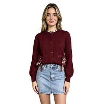 Women Button Dwon Cardigan Bow Tie Pocket Knit Sweater