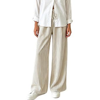 Women's Elastic Waist Striped Palazzo Pants Drawstring Wide Leg Flowy Trousers With Pockets