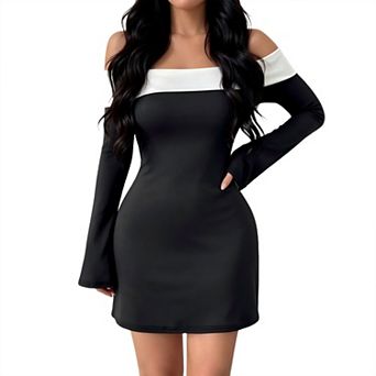 Women Off‑Shoulder Long Sleeve Mini Dress Color Block Bodycon Party Cocktail Dress