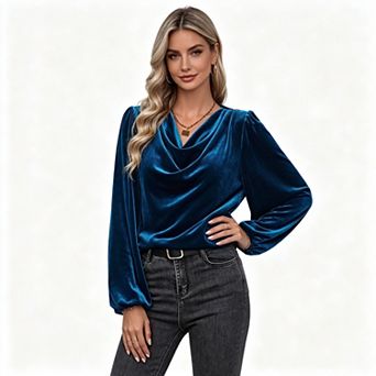 Women Cowl Neck Puff Shoulder Velvet Blouse, Long Sleeve Elegant Dressy Casual Top