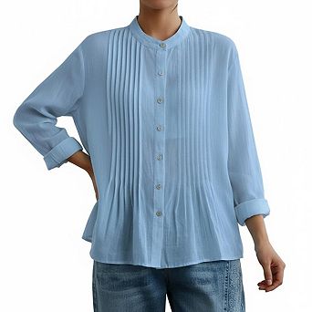 Women Top Mandarin Collar Pleated Front Button Down Long Sleeve Office Shirt