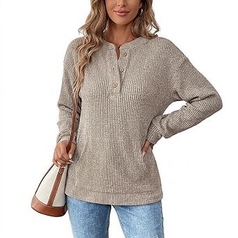 Women Top Henley Crew Neck Button Ribbed Knit Pocket Long Sleeve Casual Shirt