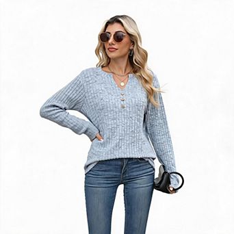 Women Top V Neck Henley Button Ribbed Knit Long Sleeve Casual Shirt