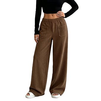 Women's Corduroy Wide Leg Pants Elastic Waist Loose Fit Straight Leg Pants Trousers with Pockets