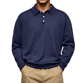 Men Long Sleeve Polo Sweater Button Collar Knit Pullover Shirts