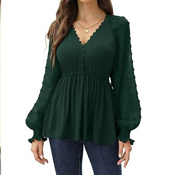 Women Peplum Blouse Swiss Dot Long Sleeve V Neck Lace Trim Elastic Waist Casual Pullover Shirts