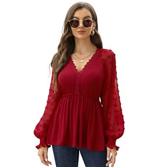 Women Peplum Blouse Swiss Dot Long Sleeve V Neck Lace Trim Elastic Waist Casual Pullover Shirts