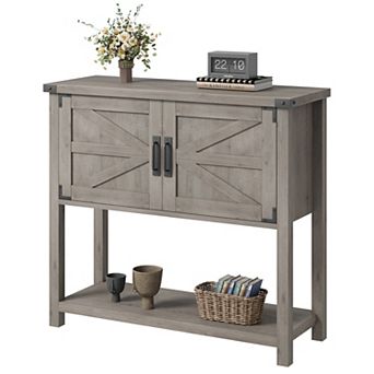 Narrow Console Table with Storage Cabinet Magnetic Doors Open Shelf Sideboard