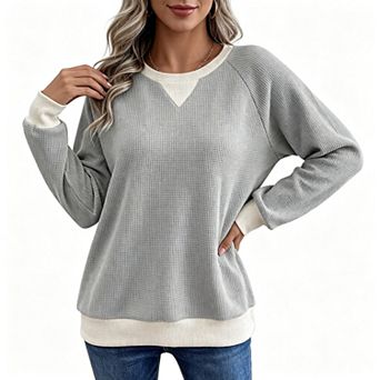 Women Color Block Waffle Knit Sweatshirt, Crew Neck Raglan Long Sleeve Pullover with Contrast Trim