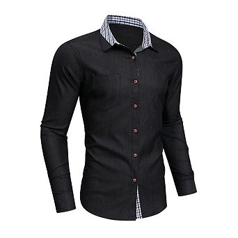 Men's Long Sleeve Button‑Down Shirt, Contrast Plaid Trim Collar Casual Business Collared Shirt