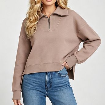 Women Quarter Zip Cropped Sweatshirt Collare Drop Shoulder Side Slit Long Sleeve Loose Pullover Top