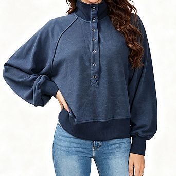 Women Snap Button Henley Sweatshirt Stand Collar Long Sleeve Cropped Loose Fit Casual Pullover Tops