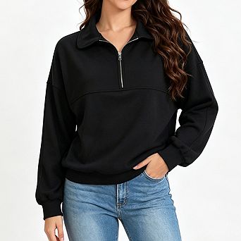 Women Quarter Zip Sweatshirt Lapel Collar Long Sleeve Drop Shoulder Loose Fit Casual Pullover Top