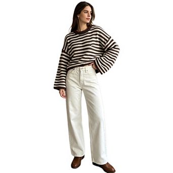 Women Oversized Striped Knit Sweater Crew Neck Pullover Top